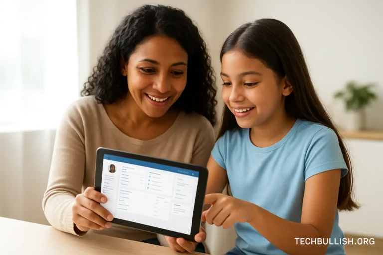Mother and daughter checking FWISD app updates on a tablet — techbullish.org